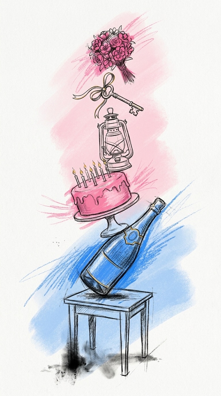 Fem festattribut staplade över varandra: champagneflaska, tårta med ljus, trädgårdslykta, husnyckel och bukett, i Lovios rosa och blå illustrationsstil