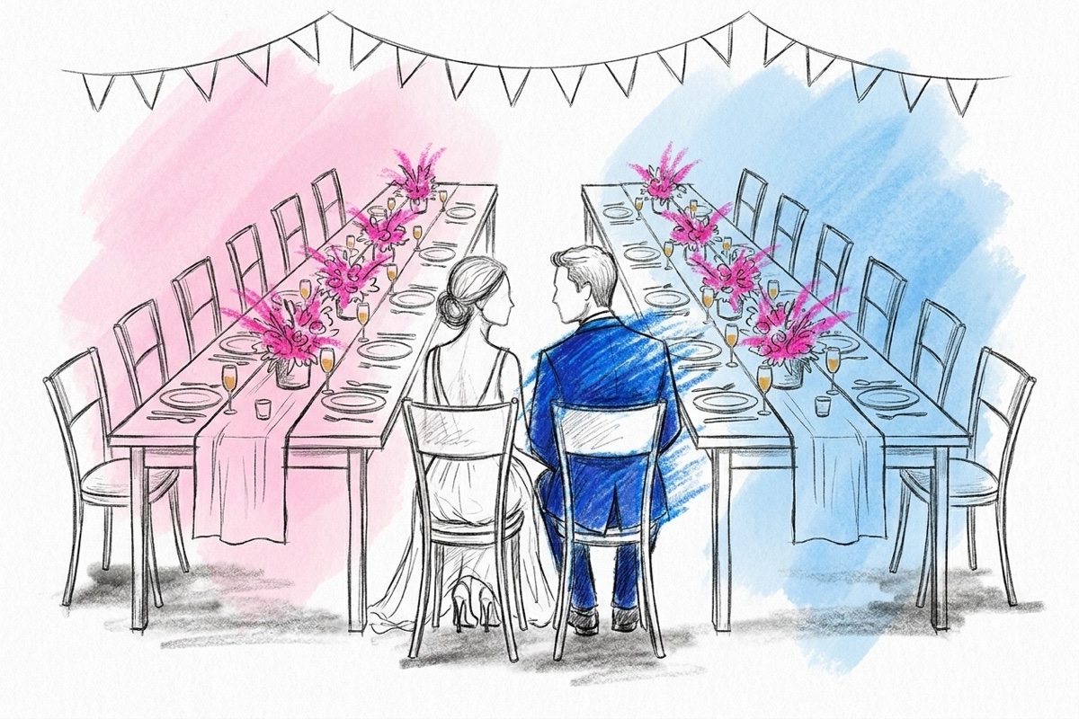 Två långbord dekorerade med blommor och glas, med ett par som sitter mellan dem och utbyter en hemlig blick, i Lovios rosa och blå illustrationsstil