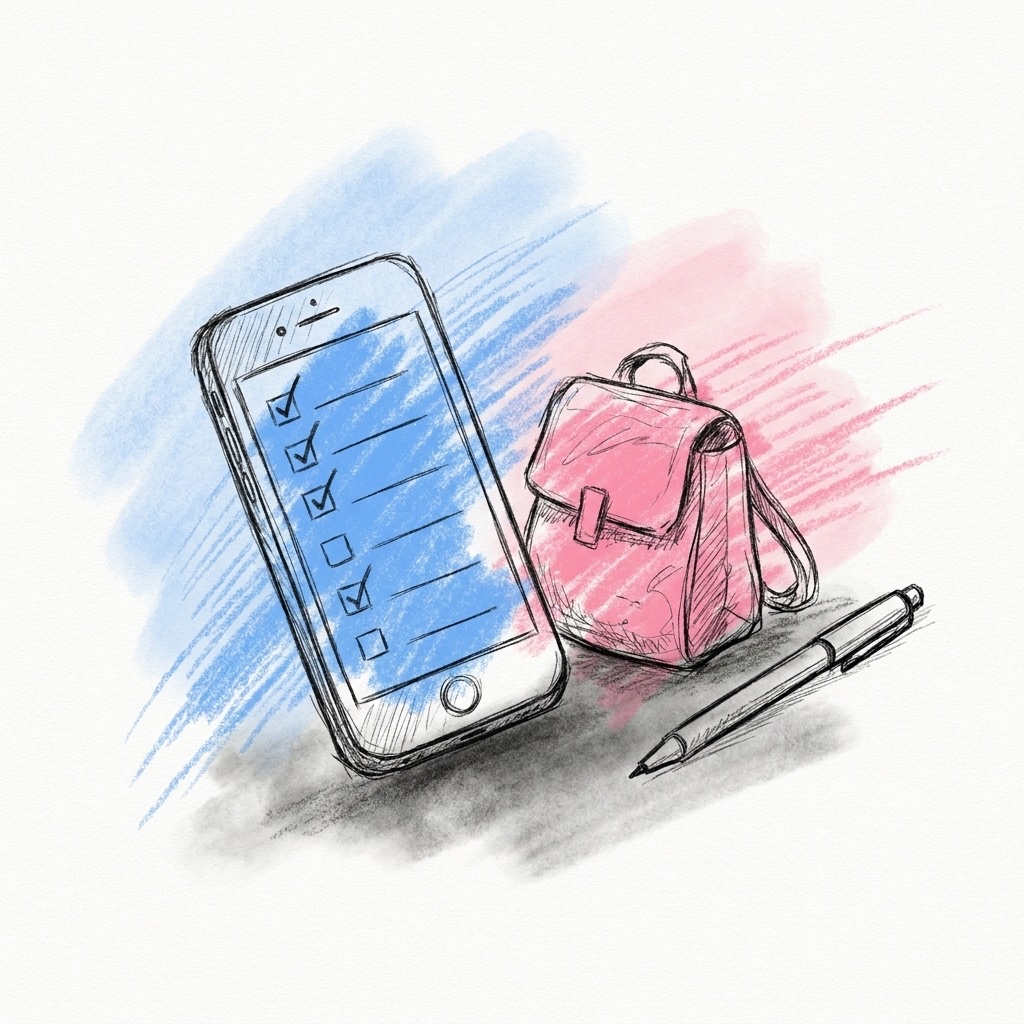 En mobil med en checklista med flera avbockade rutor bredvid en liten packad väska och en penna, i Lovios rosa och blå illustrationsstil
