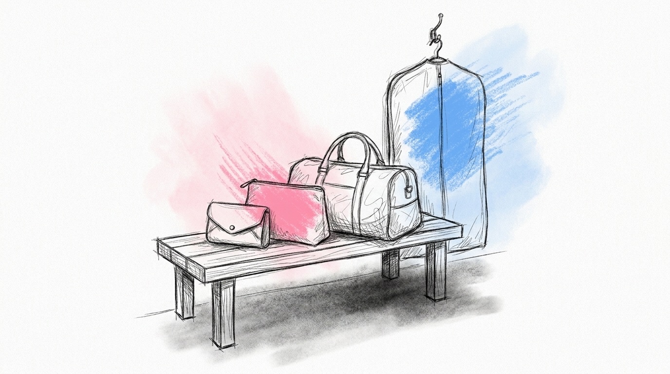 Packlista för bröllop: tre väskor i olika storlek på en bänk med en klädpåse på krok bakom, i Lovios rosa och blå illustrationsstil