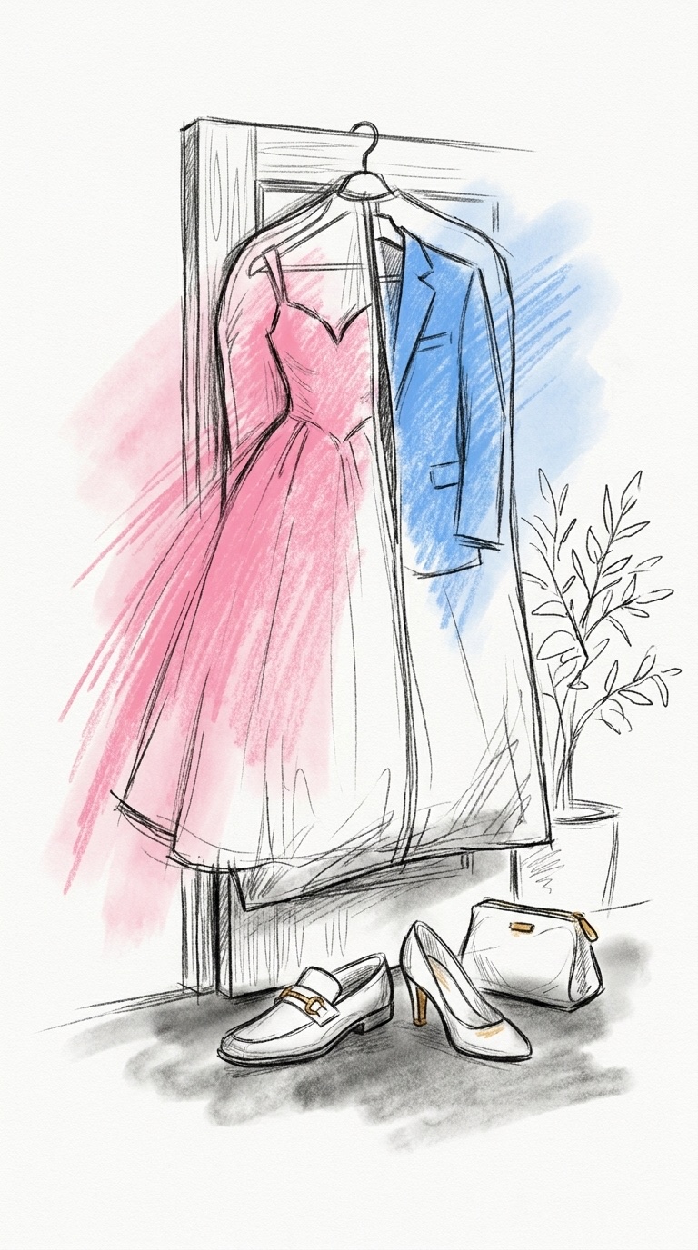 En klädpåse på en dörr med en klänning och en kavaj som tittar fram, skor nedanför och en liten accessoarpåse, i Lovios rosa och blå illustrationsstil