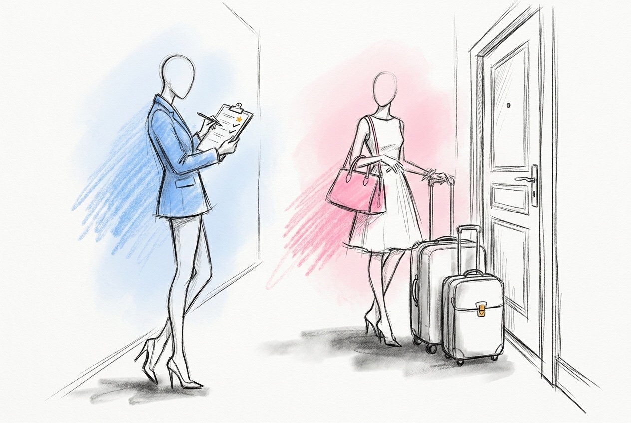 Två personer i en hall kvällen före bröllopet, en bockar av en lista på ett block medan den andra ställer tre väskor vid dörren, i Lovios rosa och blå illustrationsstil