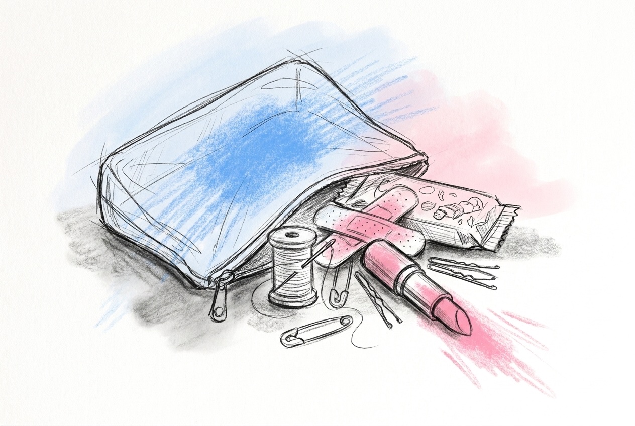 En öppen genomskinlig necessär med sytråd, säkerhetsnålar, plåster, hårnålar och ett läppstift bredvid, i Lovios rosa och blå illustrationsstil
