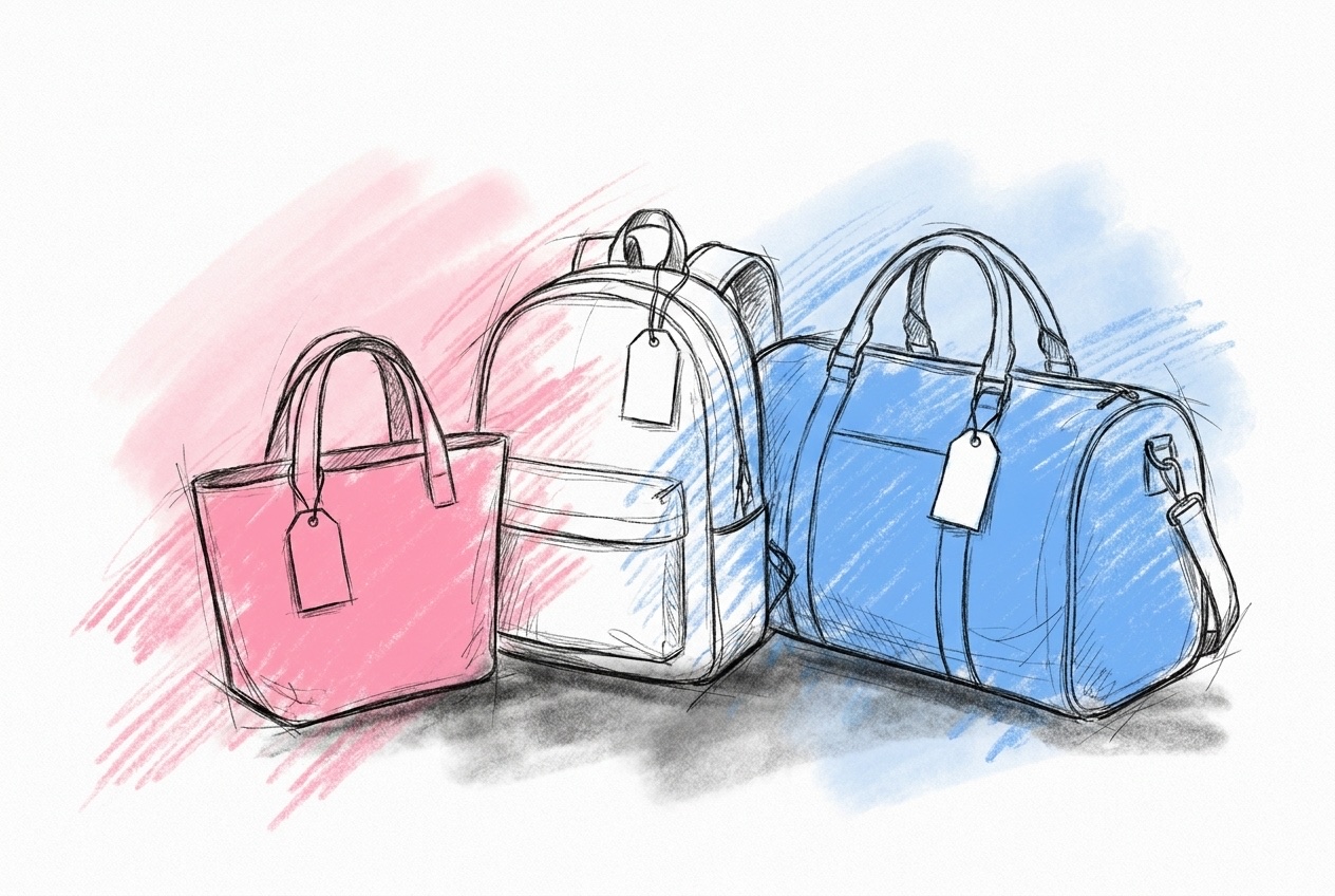 Tre väskor sida vid sida med varsin liten lapp på handtaget, i Lovios rosa och blå illustrationsstil
