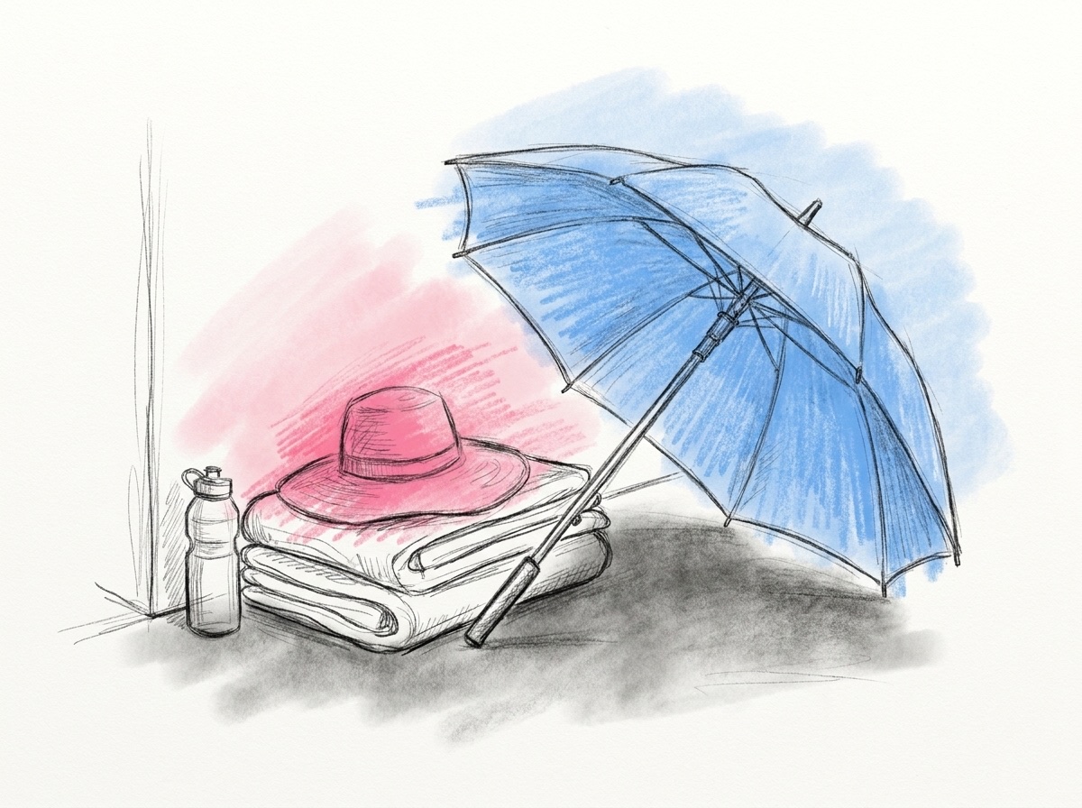Ett stort uppfällt paraply mot en vägg bredvid några vikta filtar, en solhatt och en vattenflaska, i Lovios rosa och blå illustrationsstil