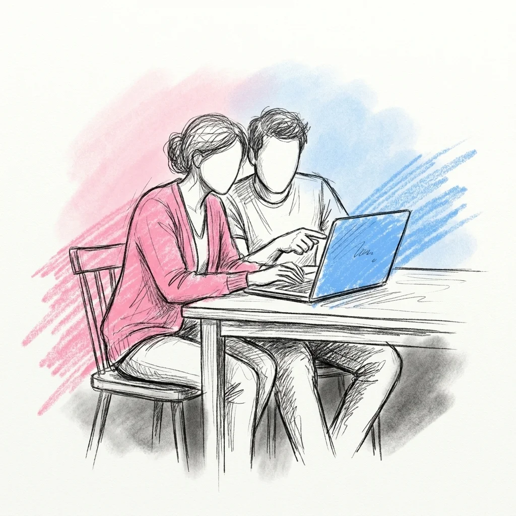 Ett par som sitter tillsammans vid en laptop och bygger en delad lista med ord och kategorier, ett varmt gemensamt planeringsögonblick