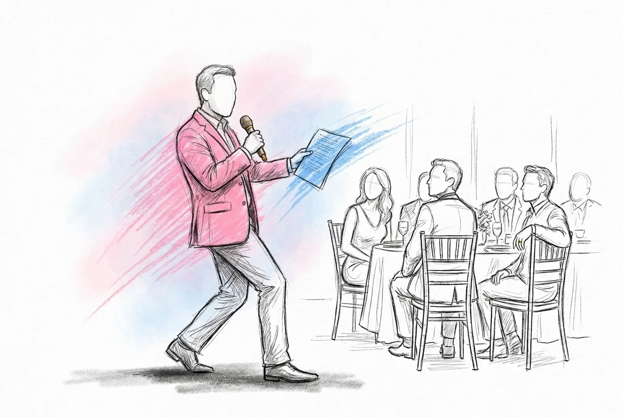 Toastmaster mitt i en annonsering, håller en mikrofon i ena handen och ett printat manus eller telefon i den andra, gester mot ett bord av gäster som vänder sig om
