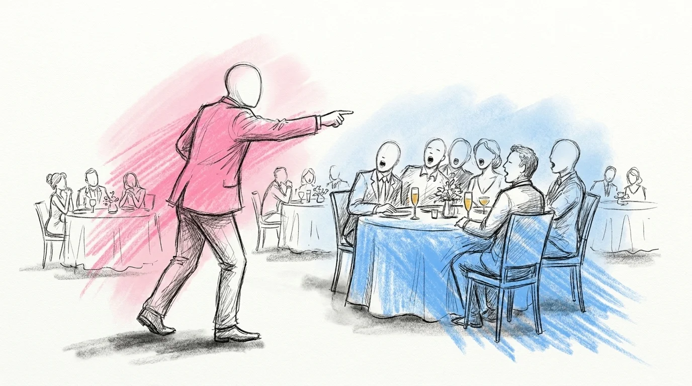 Toastmaster som ropar ut ett ord till paradsångare, bröllopets sånglek, till ett bord med gäster som lutar sig in mot varandra och är redo att sjunga tillsammans, andra bord tittar på med spänning i bakgrunden