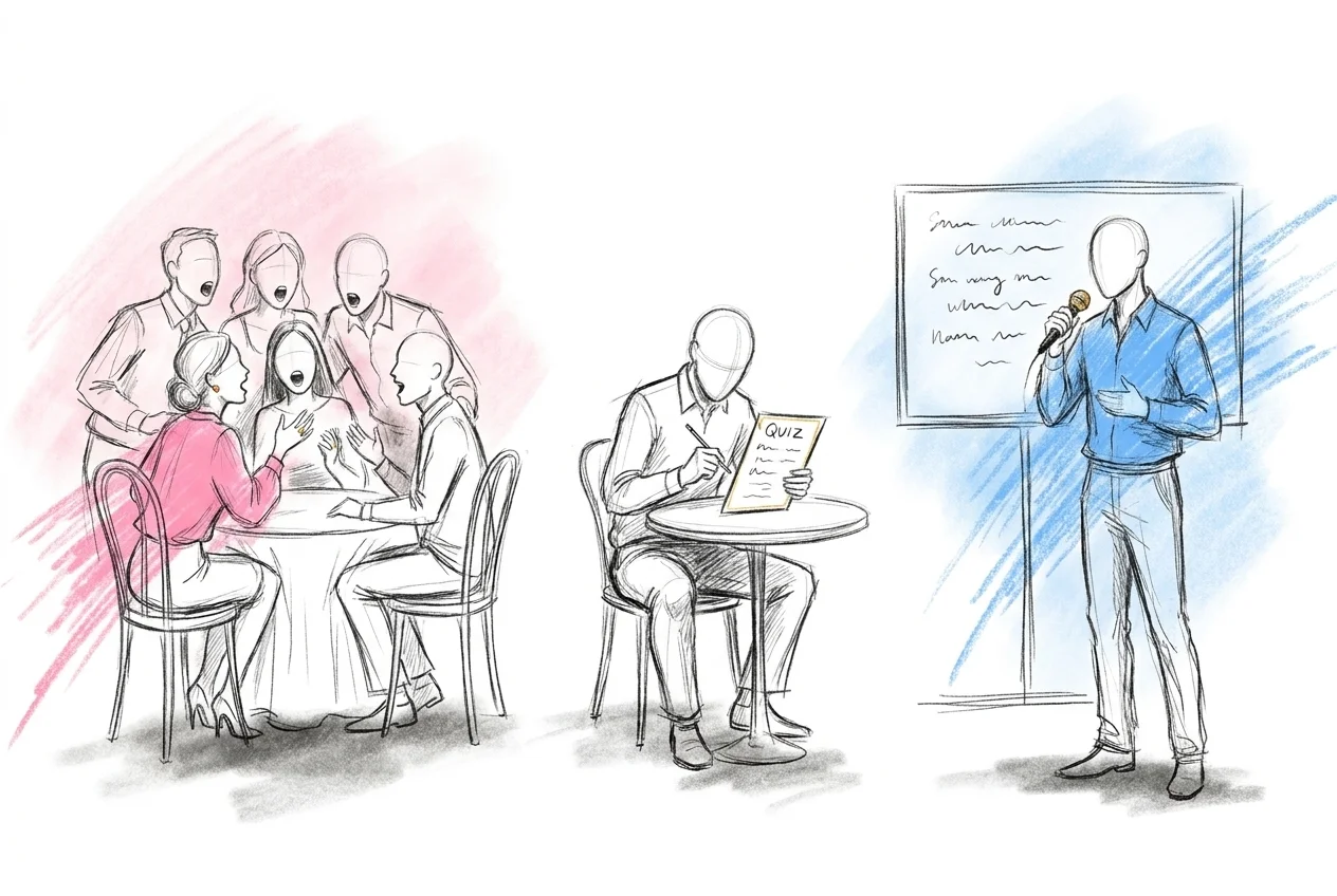Tre kontrasterande scener i en bild: ett bord som sjunger tillsammans, en gäst som lyssnar med ett quizblad, och en person som håller en mikrofon framför en textskärm