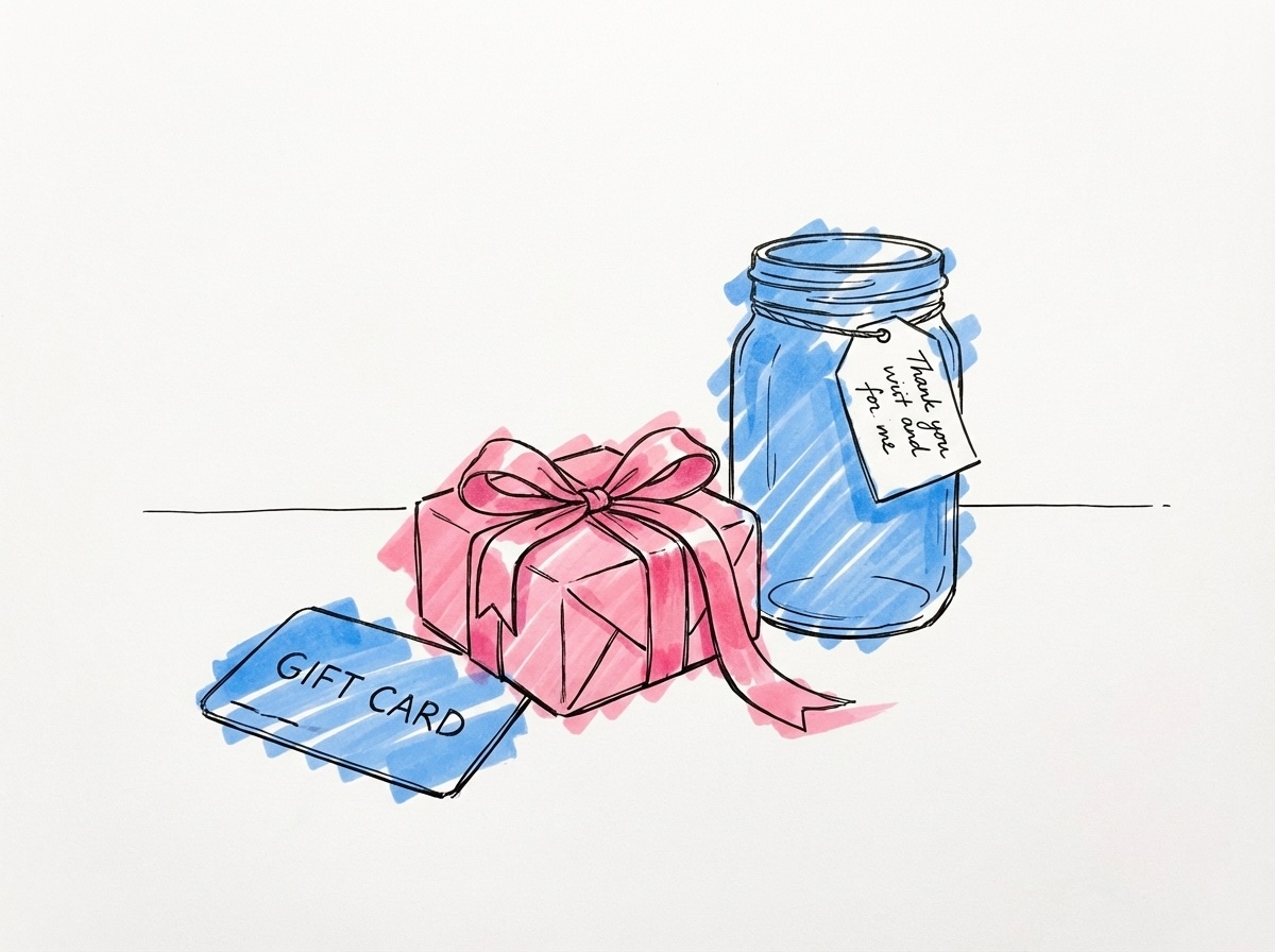 Ett presentkort, ett litet paket och en burk märkt resekassa arrangerade tillsammans, i Lovios rosa och blå illustrationsstil