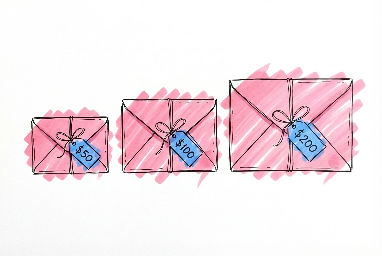 Tre bröllopskuvert i olika storlekar med prislappar som visar ökande belopp, i Lovios rosa och blå illustrationsstil