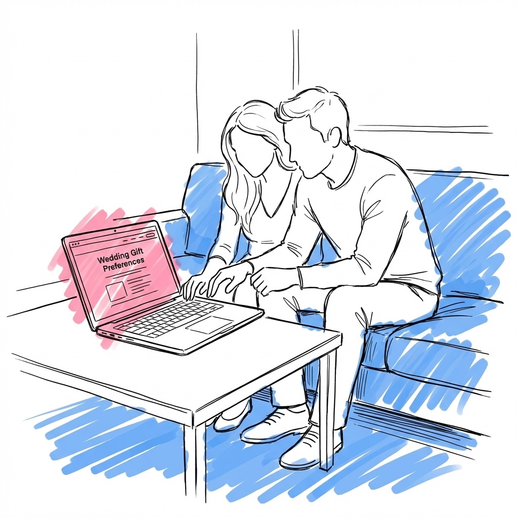 Ett par som tittar på en laptop med en bröllopshemsida och presentönskemål, i Lovios rosa och blå illustrationsstil