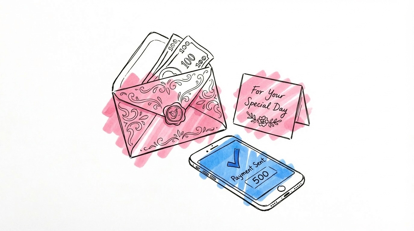 Pengagåva bröllop: ett dekorerat bröllopskuvert med sedlar, ett handskrivet kort och en telefon som visar Swish, i Lovios rosa och blå illustrationsstil