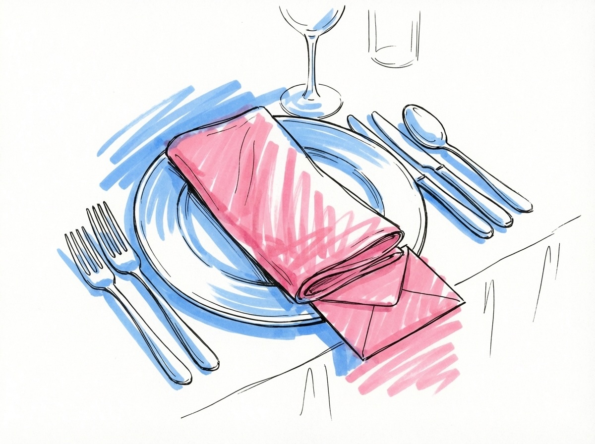 En middagstalrik med elegant dukning och ett kuvert under tallriken, i Lovios rosa och blå illustrationsstil