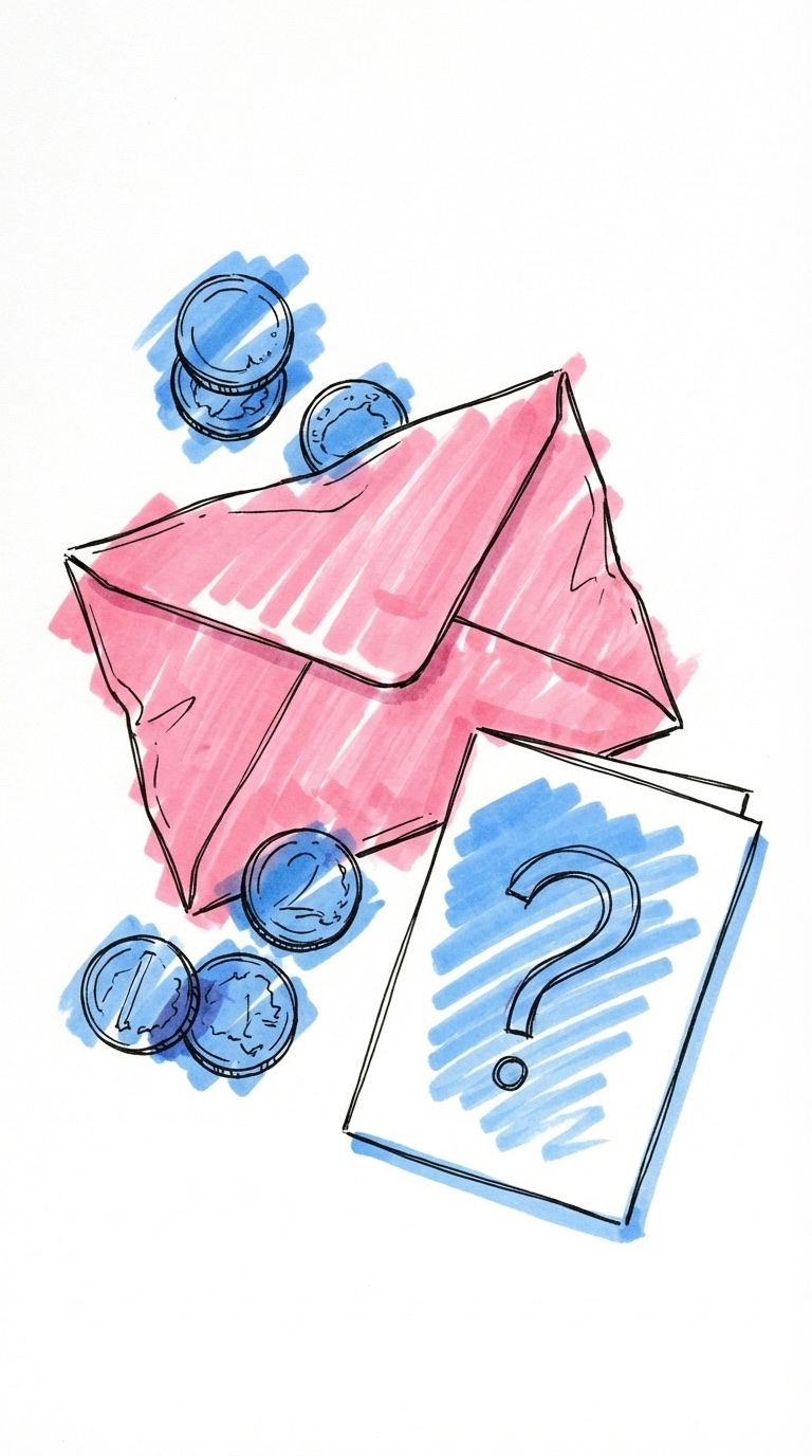 Ett skrynkligt kuvert med spridda mynt och ett förvirrat kort med ett frågetecken, i Lovios rosa och blå illustrationsstil