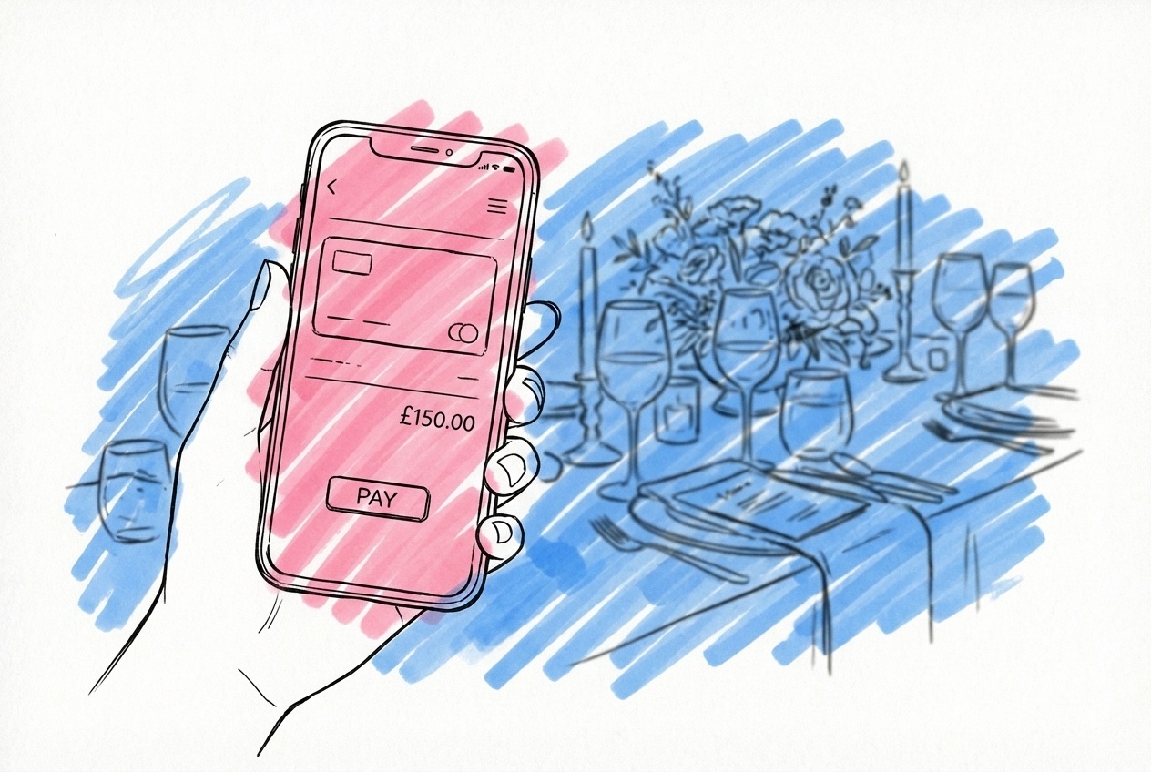 En hand som håller en telefon med en betalningsskärm synlig, bröllopsbord i bakgrunden, i Lovios rosa och blå illustrationsstil