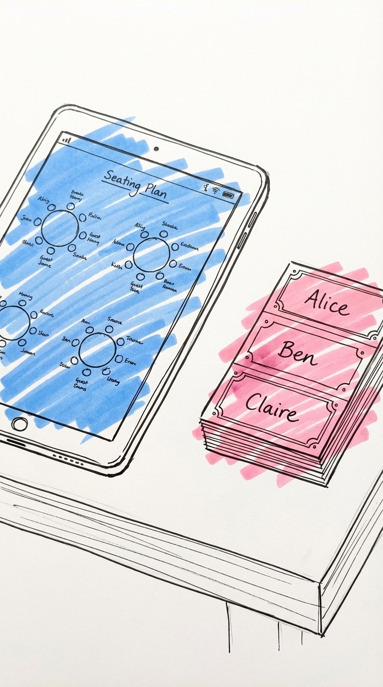 Telefon som visar en digital bordsplacering med färgglada gästikoner bredvid en stapel tryckta placeringskort i Lovios stil