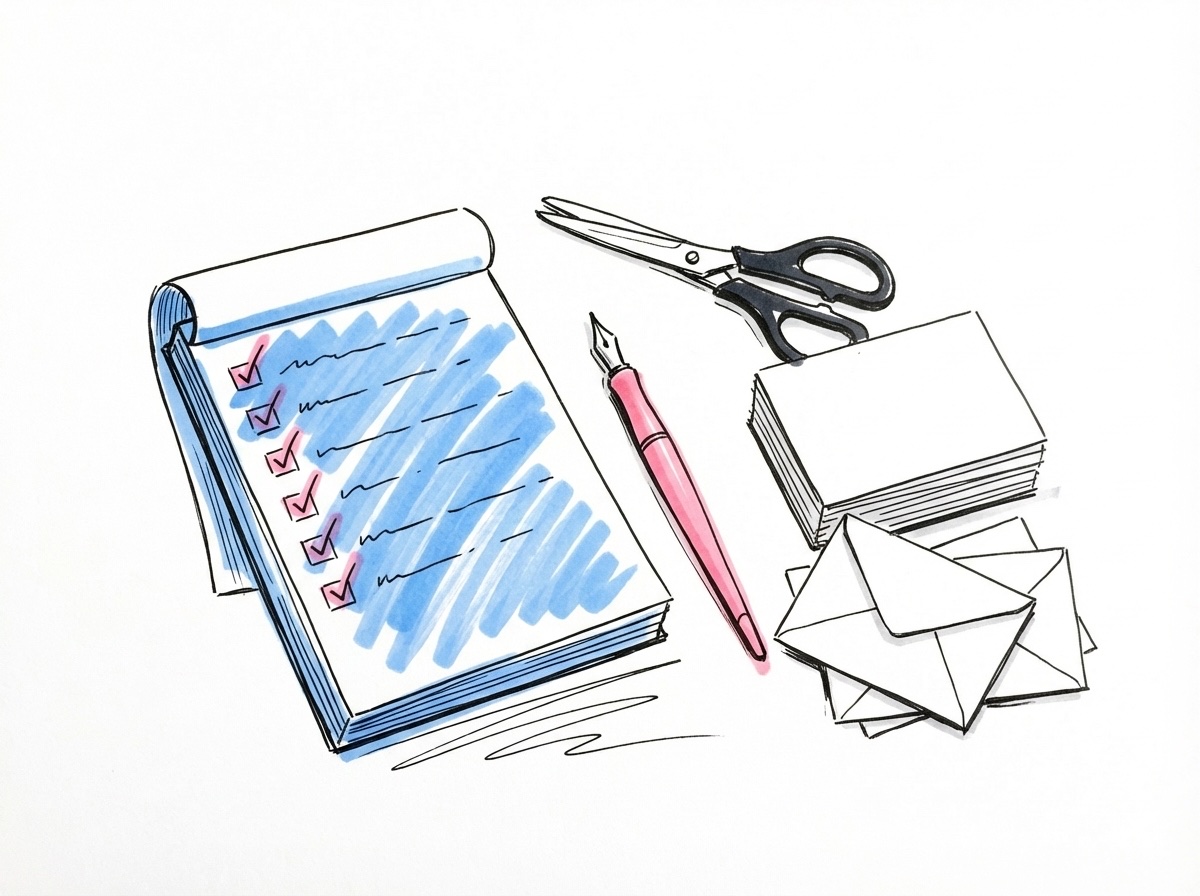 Att-göra-lista på ett anteckningsblock med bockmarken bredvid pysselverktyg som sax, kalligrafipenna och kort i Lovios stil