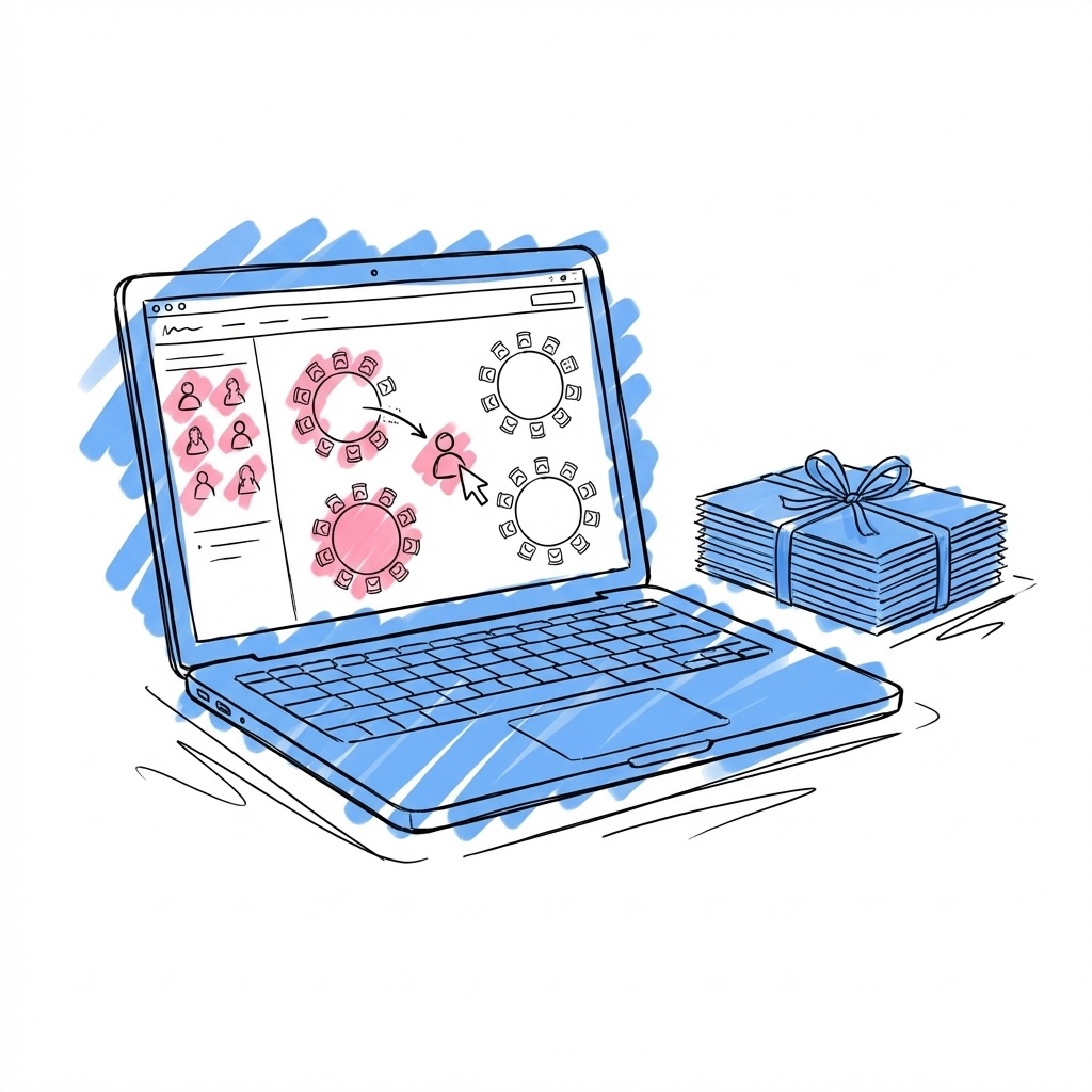 Laptop med dra-och-släpp-bordsplacering och färgglada gästikoner bredvid en stapel färdiga placeringskort i Lovios stil