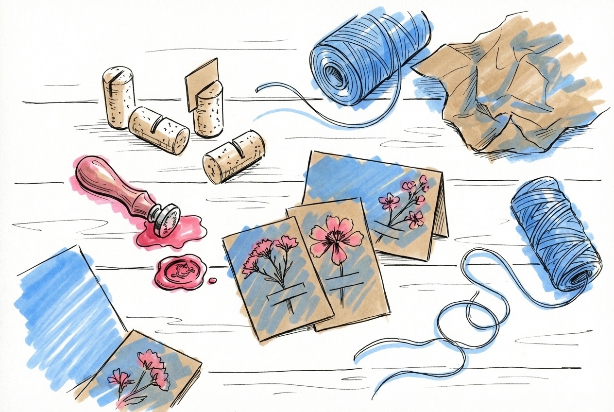 Pyssel-arbetsyta med olika DIY-placeringskortmaterial: vinkorkar med namnslitsar, pressade blommor på kort, vaxförsegling och jutesnöre i Lovios stil