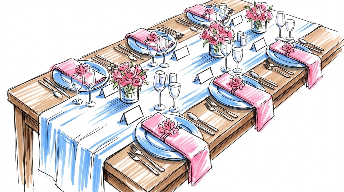 Vackert dukat bröllopsbord sett ovanifrån med placeringskort vid varje kuvert, blommor och ljus i Lovios rosa och blå illustrationsstil