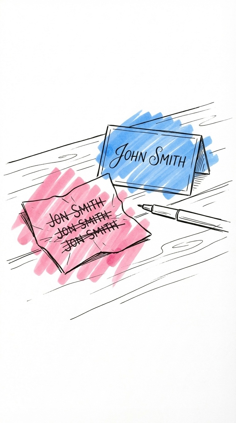 Ett överstruket placeringskort med felstavat namn bredvid ett rent korrigerat kort och en penna i Lovios rosa och blå illustrationsstil