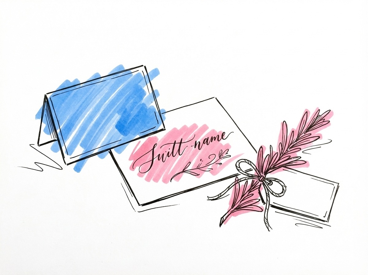 Tre olika stilar av placeringskort uppradade — viktkort, platt kort med kalligrafi och kort fäst vid en rosmarinkvist i Lovios stil