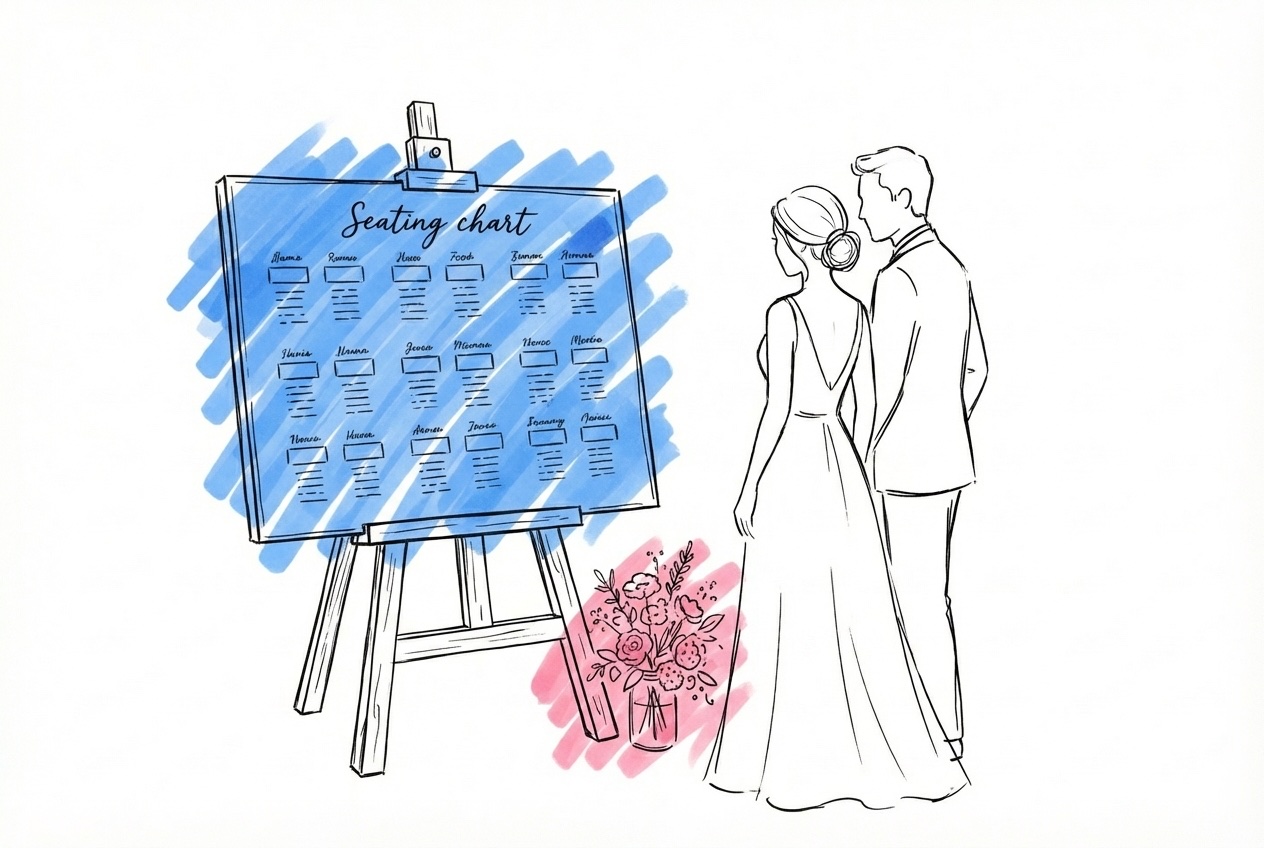 Bordsplaceringskarta på ett staffli vid en bröllopsentré med gäster som tittar på den i Lovios rosa och blå illustrationsstil