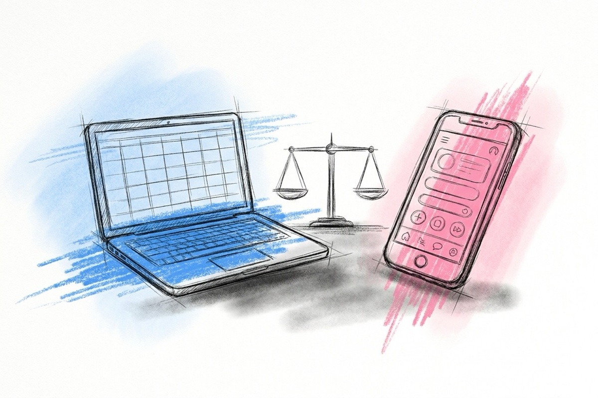 En laptop med ett kalkylark till vänster och en mobil med en app till höger, med en jämn balansvåg mellan dem, i Lovios rosa och blå illustrationsstil
