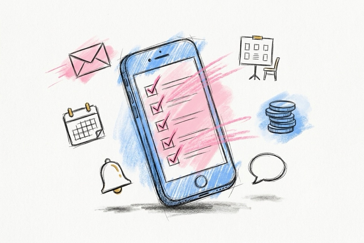En mobil med en avbockad checklista omgiven av små symboler för brev, kalender, notis, bordsplan och budget, i Lovios rosa och blå illustrationsstil