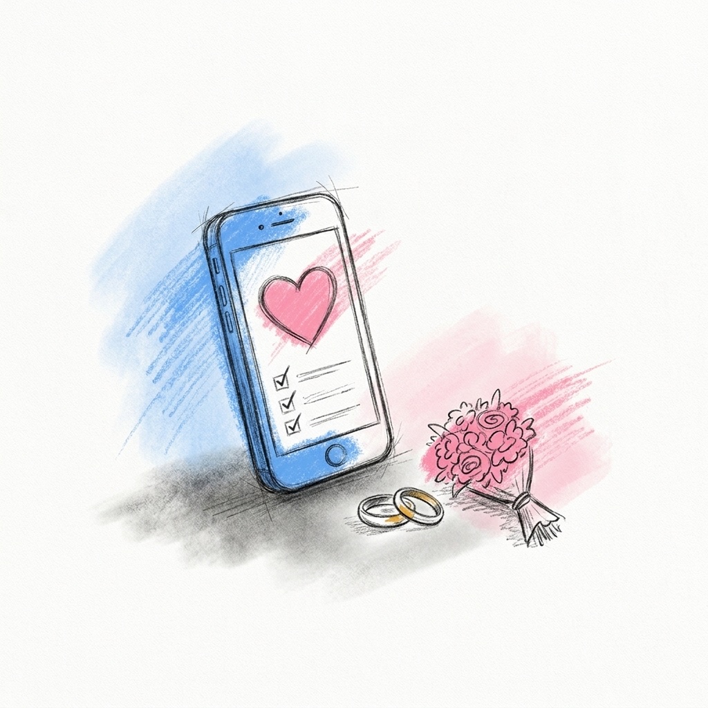 En mobil med ett hjärta och en avbockad lista bredvid två ringar och en liten bukett, inbjudande och enkel, i Lovios rosa och blå illustrationsstil