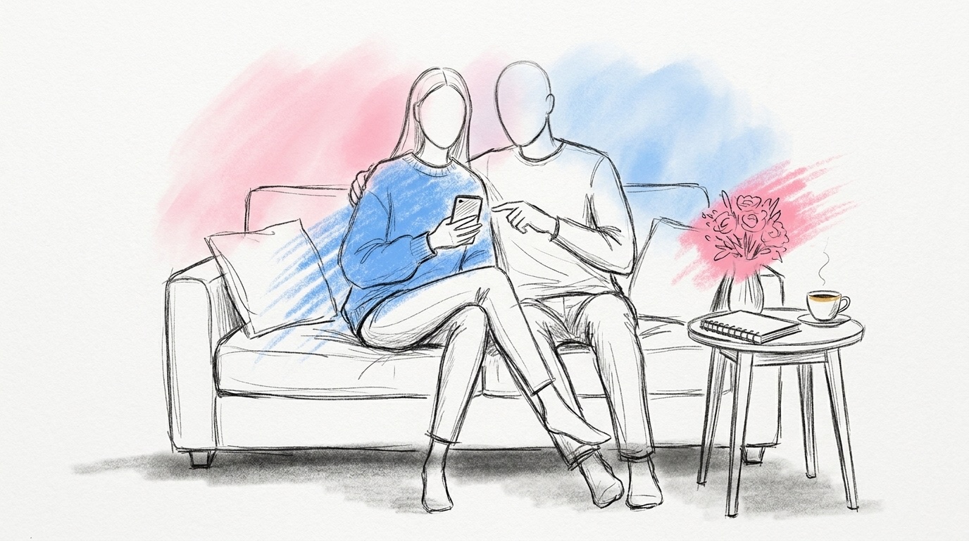 Ett par sitter tätt ihop i en soffa och tittar på en mobil tillsammans, med en liten bukett och ett anteckningsblock bredvid, lugn och organiserad stämning, i Lovios rosa och blå illustrationsstil