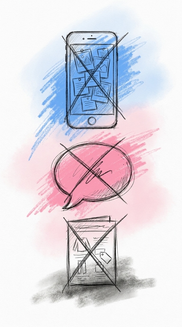 Tre staplade symboler för inspirationsflöde, chatt och leverantörskatalog, alla lite överstrukna, i Lovios rosa och blå illustrationsstil