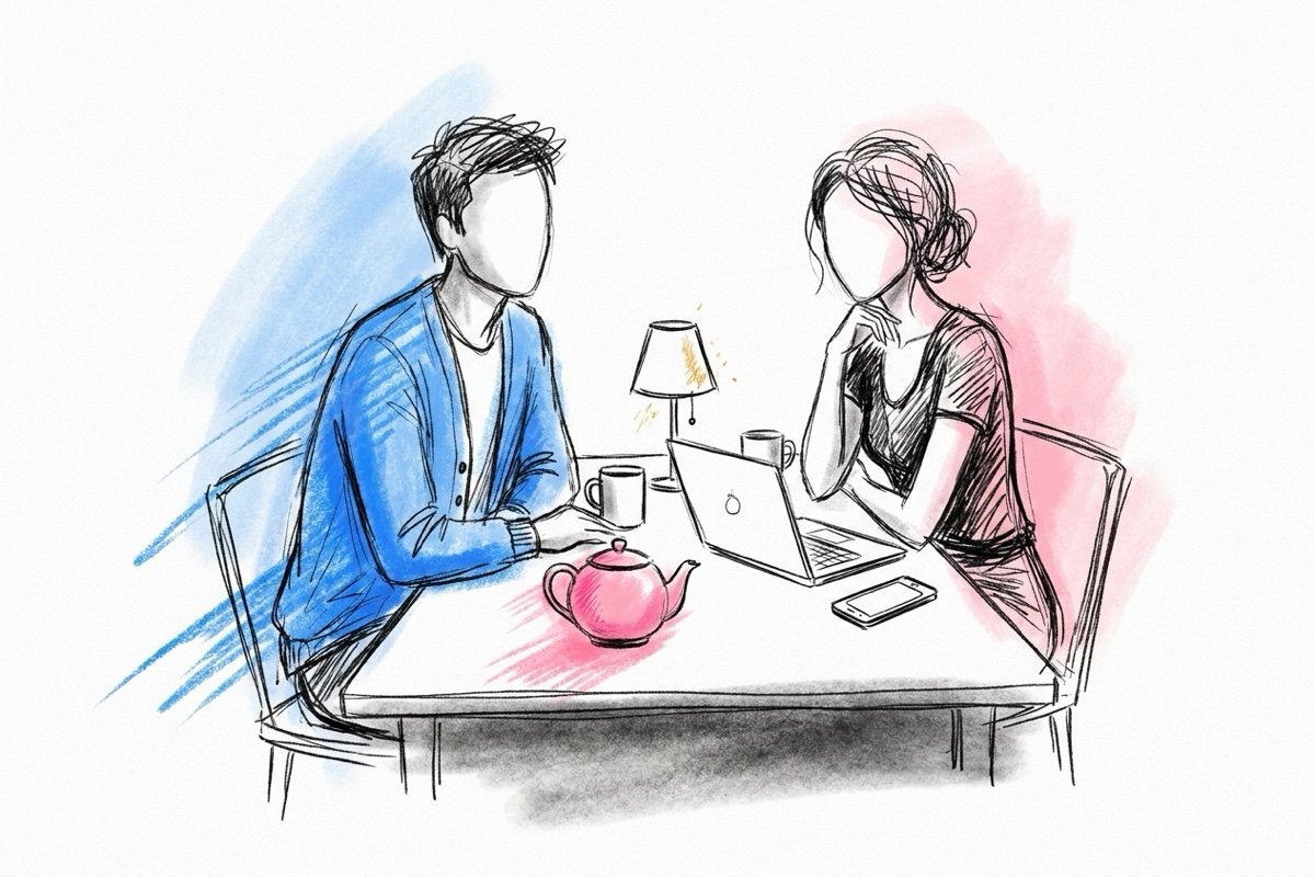 Ett par vid ett köksbord en kväll med laptop, mobil och te, lugnt och mysigt, i Lovios rosa och blå illustrationsstil
