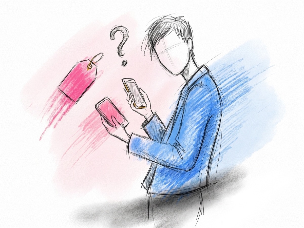 En person håller upp två mobiler och jämför dem med fundersam min, med en prislapp och ett frågetecken bredvid, i Lovios rosa och blå illustrationsstil