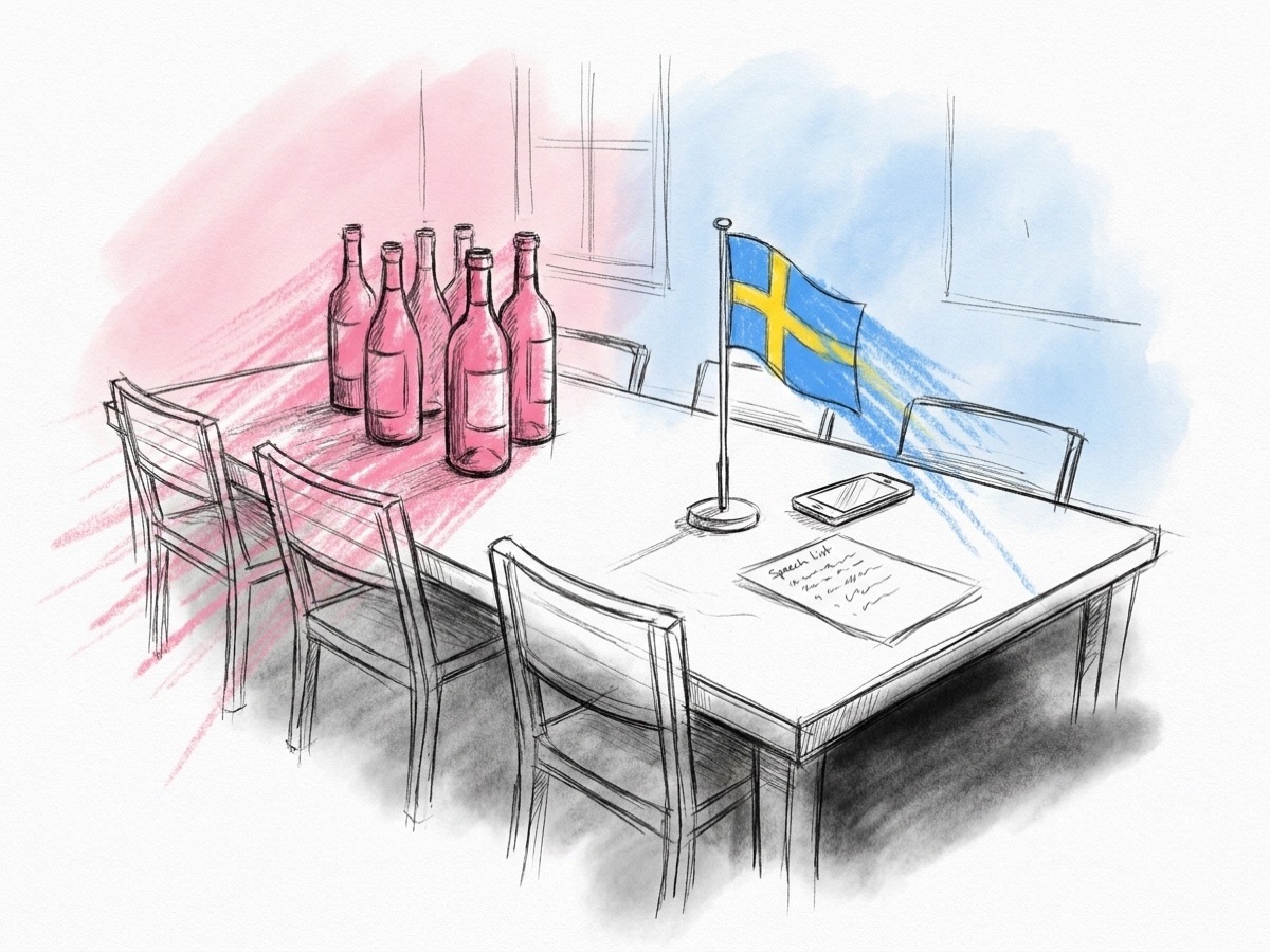 Ett långbord dukat för bröllop med vinflaskor, en liten svensk flagga och en mobil bredvid en lista över tal, i Lovios rosa och blå illustrationsstil