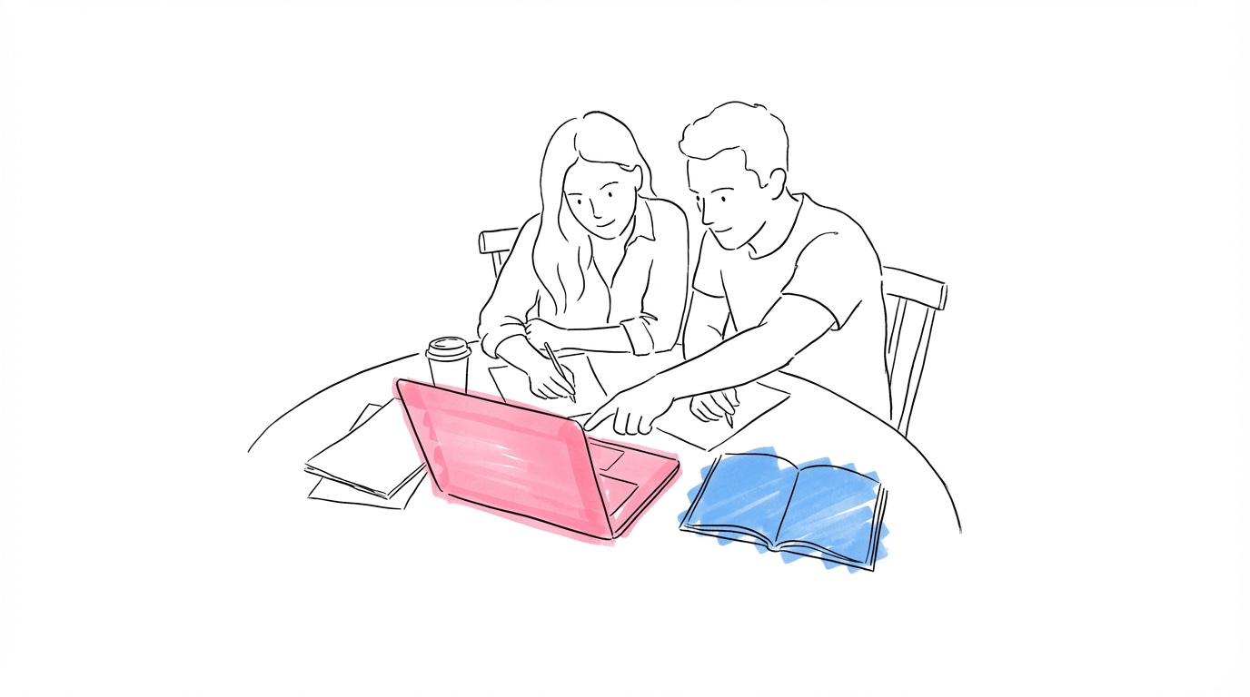 Illustration av ett par som planerar bröllop tillsammans vid ett bord med laptops och listor