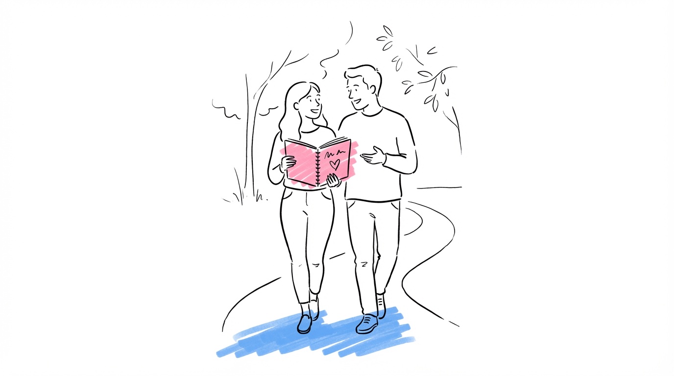 Illustration av ett par som planerar bröllop tillsammans med digitala verktyg