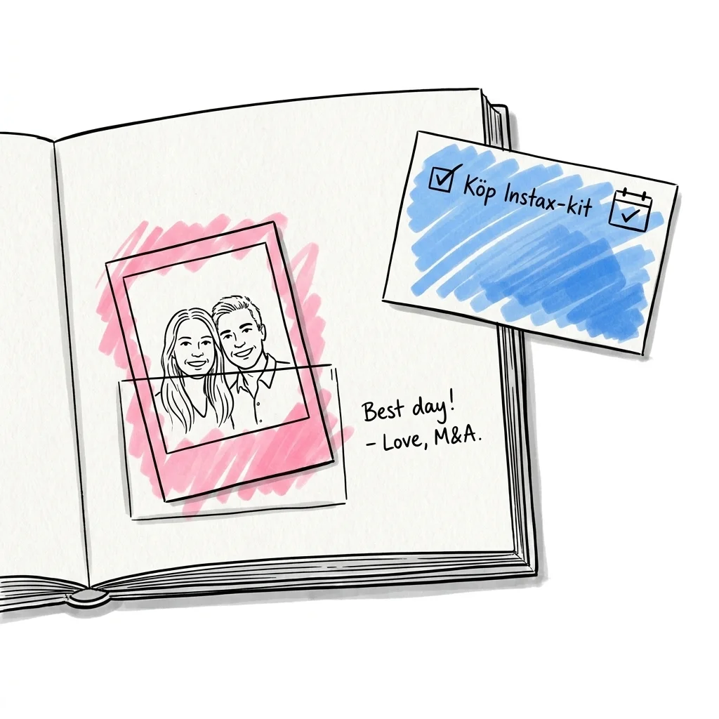 Öppen polaroid-gästbok med en bild i en ficka och en handskriven not bredvid, intill ett litet uppgiftskort i Lovio-stil med kryssruta märkt 'Köp Instax-kit' och ett kalenderdatum — Lovios illustrationsstil