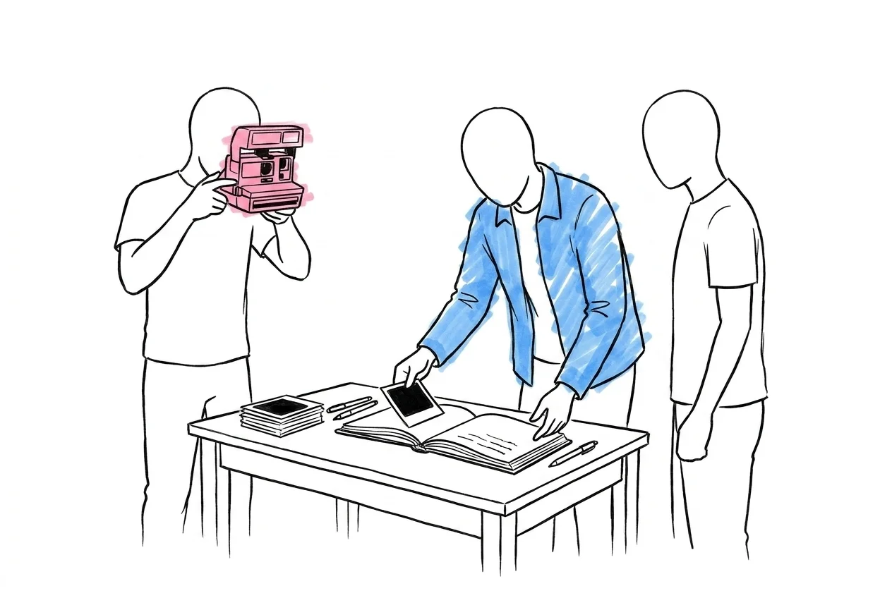 Två eller tre gäster samlade vid polaroid-stationen under mingeltimmen — en som lyfter kameran för att ta en bild, en annan som skjuter in en framkallad bild i boken, varm kvällsstämning, gestiska figurer i Lovios illustrationsstil