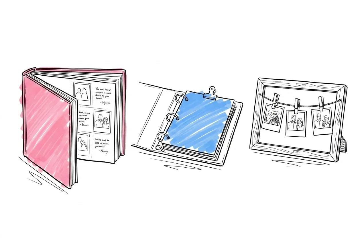 Tre format sida vid sida i samma skala: öppen inbunden bok med polaroidfickor och handskrivna noter, ringalbum med en lös sida som klipsas in, och en träram med snöre och klädnypor som håller polaroider — Lovios illustrationsstil