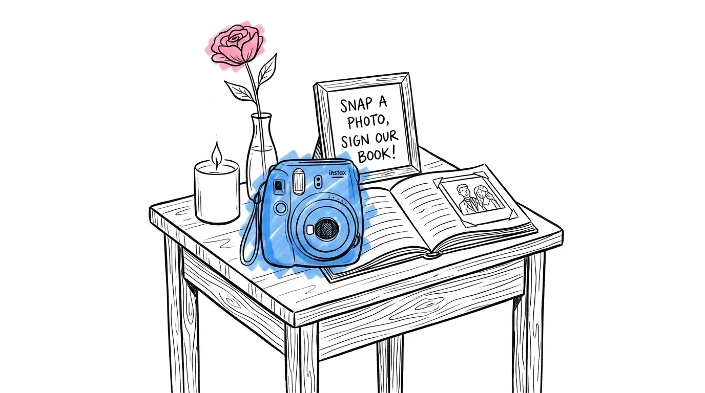 Polaroid gästbok-station på ett bord — Instax-kamera, öppen bok med inklistrad bild, instruktionsskylt i ram, ljus och en liten blomma redo för minglet, Lovios illustrationsstil