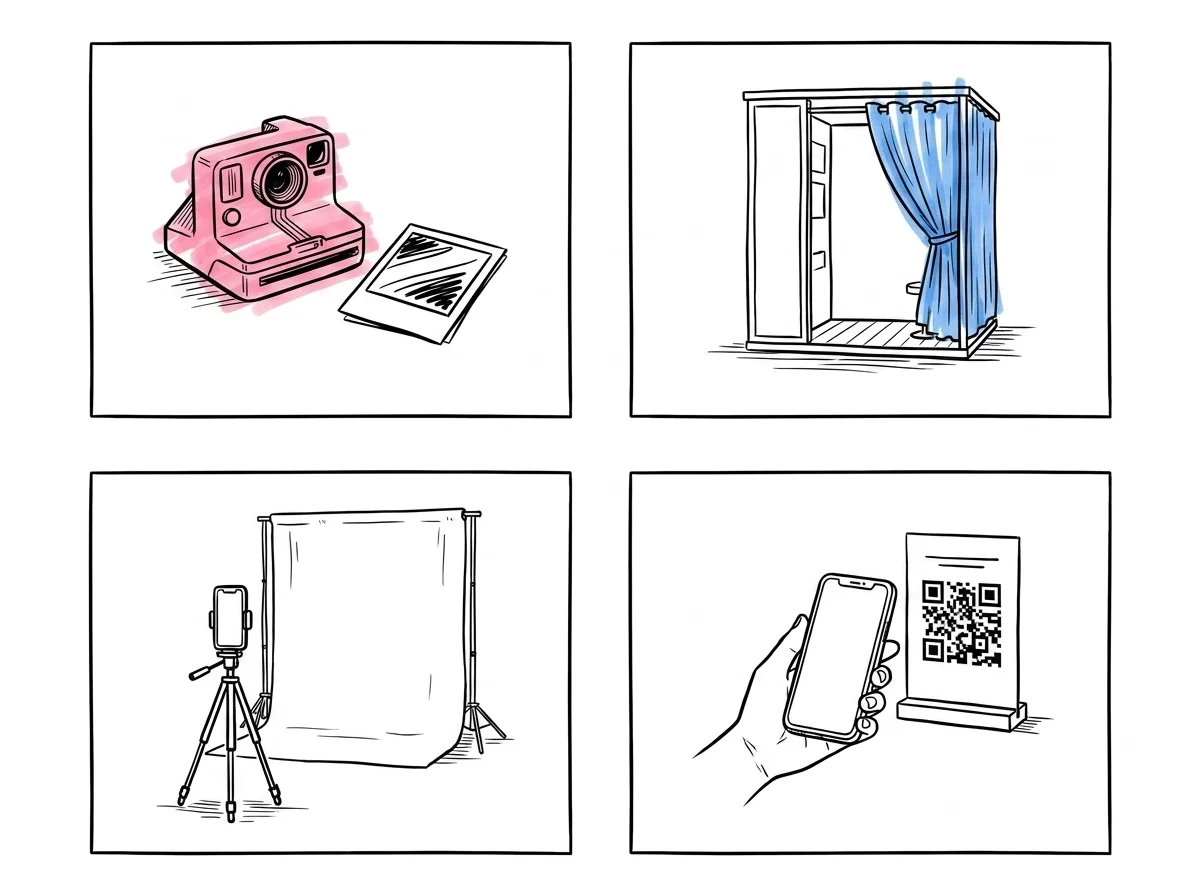 Fyra mini-vinjetter sida vid sida som jämför format: en liten polaroidkamera med bild, en fotobåskabin med ridå, en mobil på stativ med bakgrund och en mobil som skannar en QR-kod — Lovios illustrationsstil