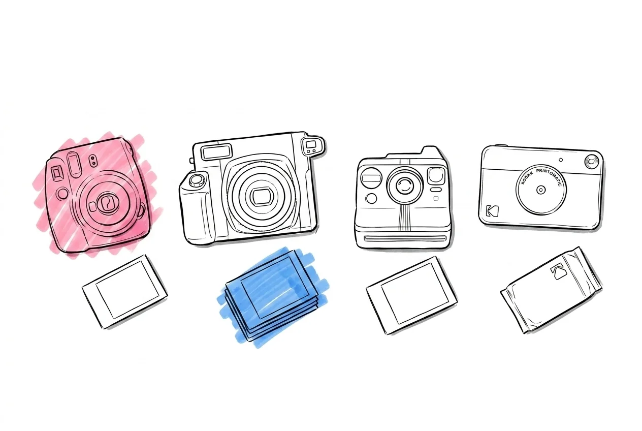 Flatlay av fyra direktkameror på rad bredvid sina respektive filmpaket på ett rent bord — Instax Mini, Instax Wide, Polaroid Now+ och Kodak Printomatic, Lovios illustrationsstil