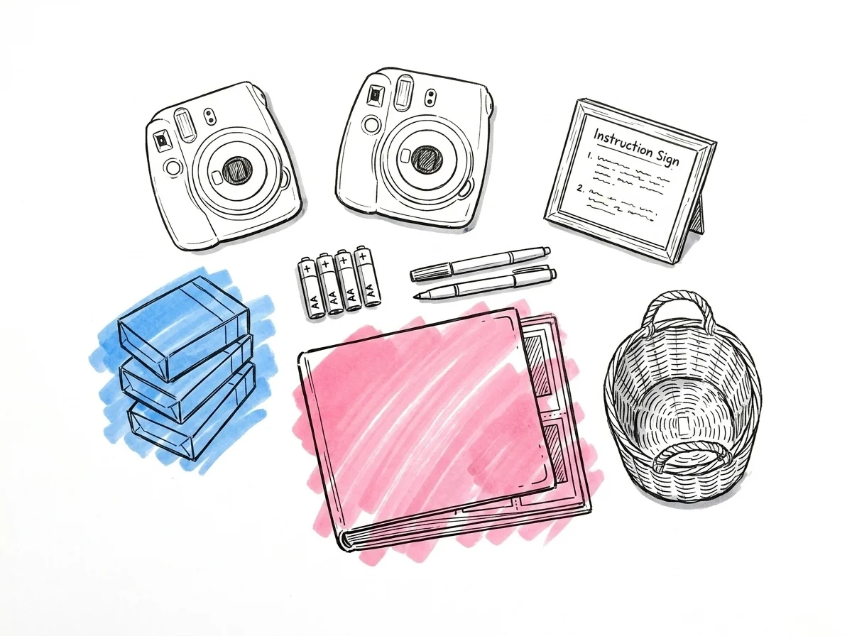 Flatlay av hela kit-uppsättningen som om den just packats upp — två direktkameror, staplade filmkartonger, AA-batterier, gästbok med fickor, två pennor, en liten ramad skylt och en korg, Lovios illustrationsstil