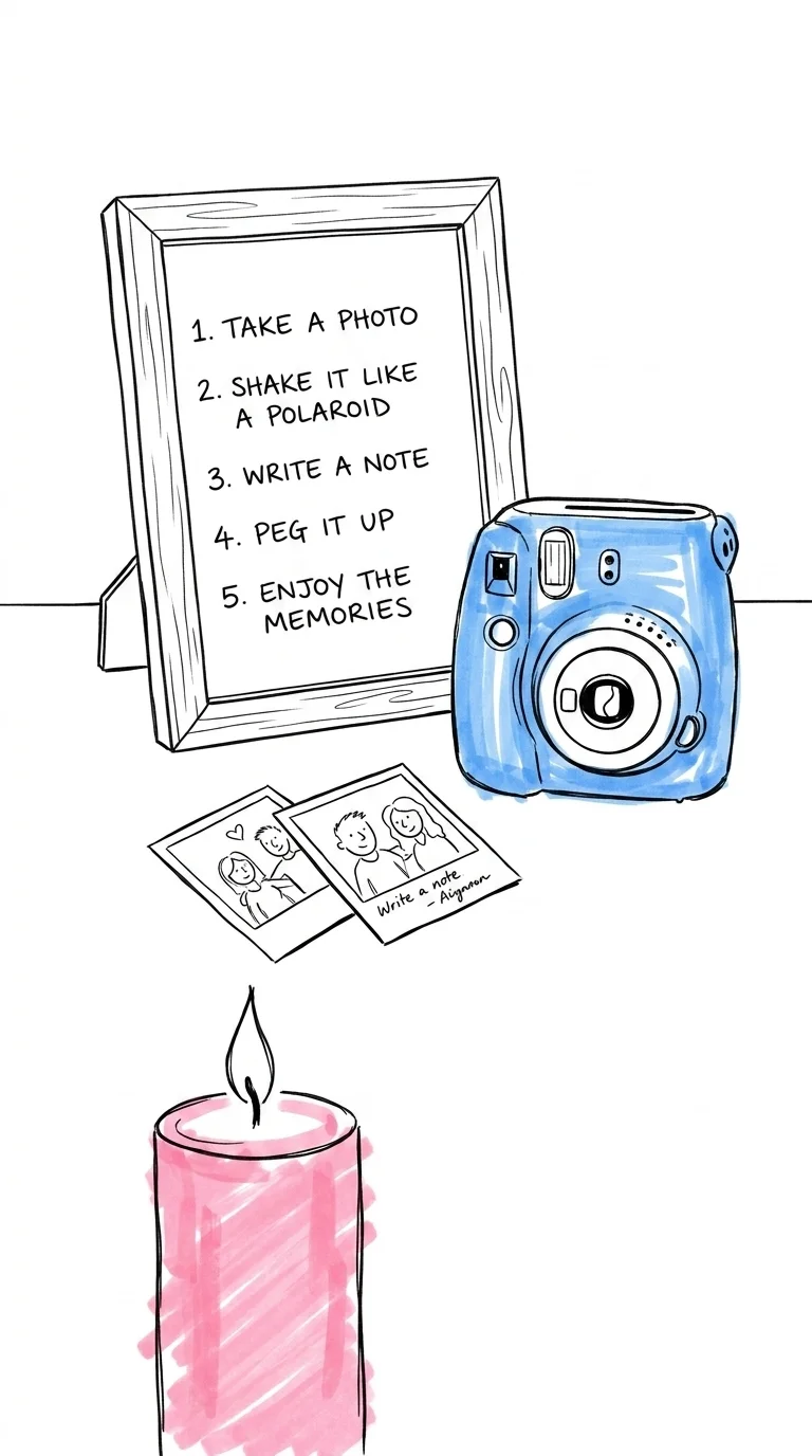Vertikal A5-instruktionsskylt i en enkel träram på bordet bredvid en polaroidkamera, med fem korta numrerade steg synliga, ett tänt ljus och ett par polaroidbilder intill — Lovios illustrationsstil