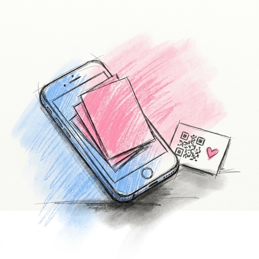 En mobil där många hälsningskort samlas på ett ställe, med en QR-kod och ett litet hjärta, i Lovios rosa och blå illustrationsstil