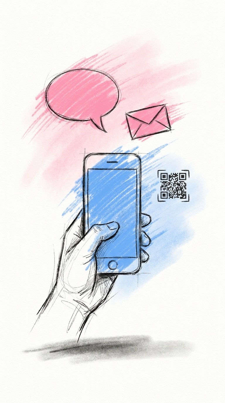 En hand håller en mobil med pratbubbla, kuvert och QR-kod ovanför, i Lovios rosa och blå illustrationsstil