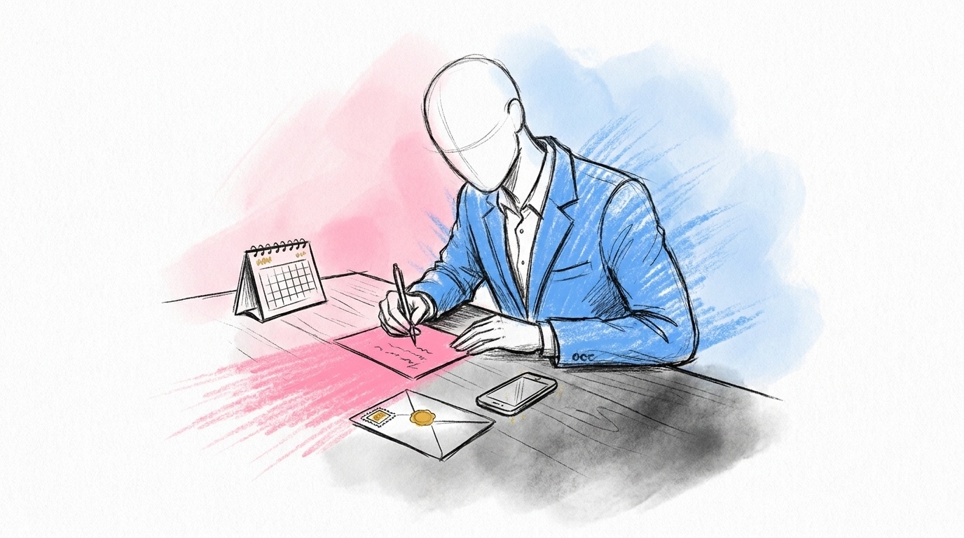 Postogram bröllop: en gäst skriver ett hälsningskort vid ett skrivbord med kuvert, frimärke och mobil bredvid, i Lovios rosa och blå illustrationsstil