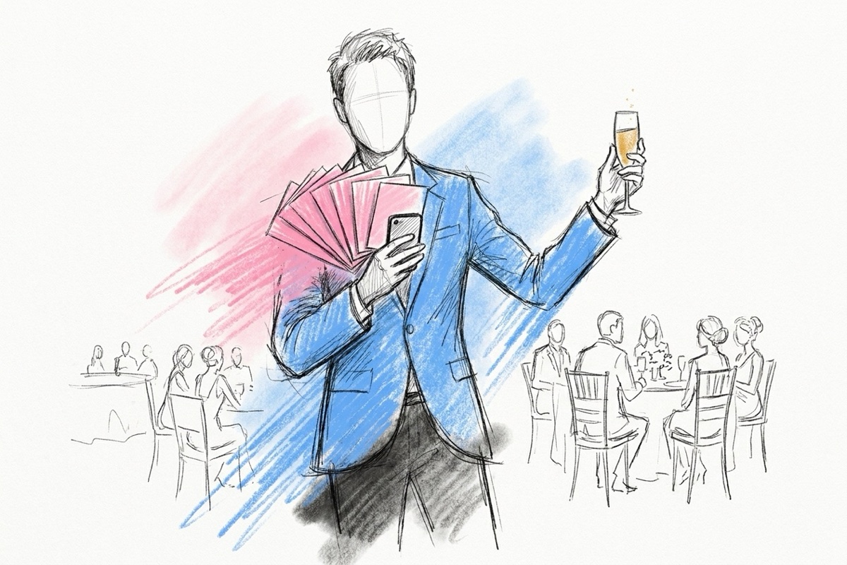 En toastmaster håller en mobil och några hälsningskort och läser upp dem för gäster vid middagsbordet, i Lovios rosa och blå illustrationsstil